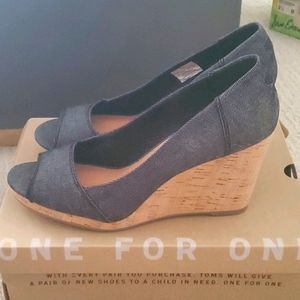 Tom's Wedge Sandals, Black Denim